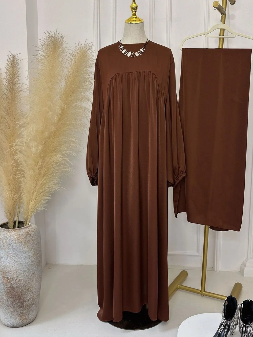 Elegant Brown Modest Abaya Maxi Dress